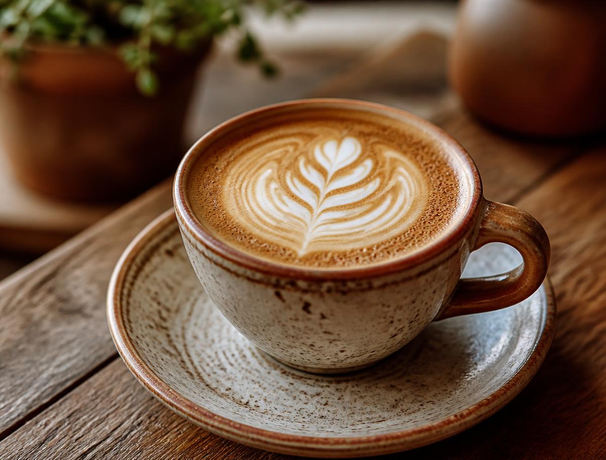 Cappuccino con arte latte en una taza de cerámica sobre mesa de madera rústica